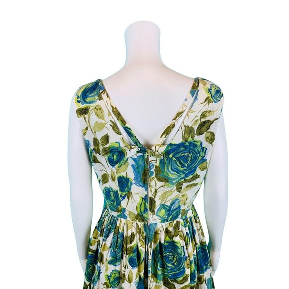 Vintage 1960s Floral Dress Blue Green Rose Print Sundress | W 30" - Picture 8 of 10